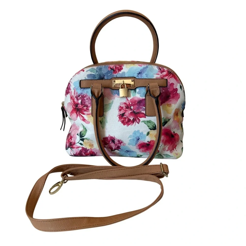 Apt 9‎ Floral Dome Satchel Crossbody Bag Multicolor Tan Gold Hardware Padlock
